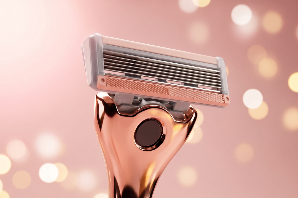 FFS rose gold razor with six-blade head against a pink sparkly background